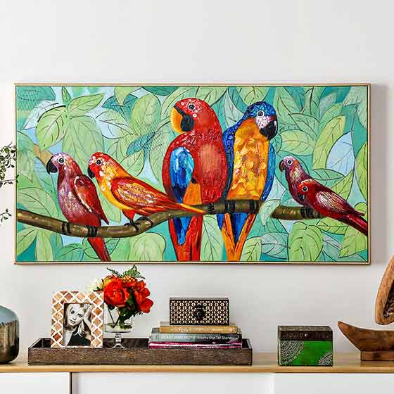 奇居良品 客厅书房卧室帆布有框装饰挂画 鹦鹉一家手绘油画