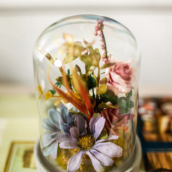 奇居良品 花艺 洛克五色花朵玻璃罩带底座整体花艺