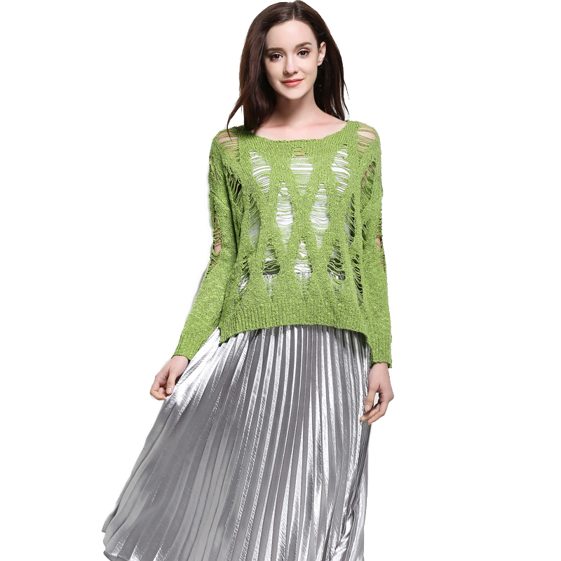 MAREUNROLS时尚女装镂空破洞宽松针织衫·绿色