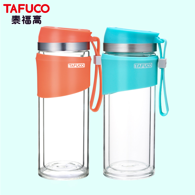 日本泰福高新款耐热双层情侣泡茶玻璃杯两件套350ML+350ML·橘色+薄荷绿