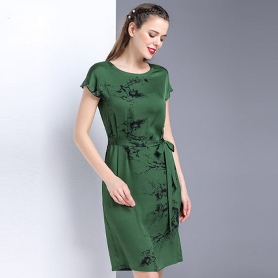 漫丽依 真丝中国风圆领系带连衣裙·绿色