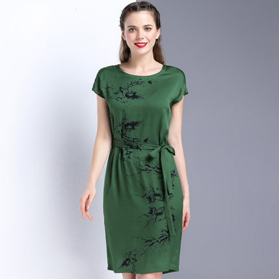 漫丽依 真丝中国风圆领系带连衣裙·绿色