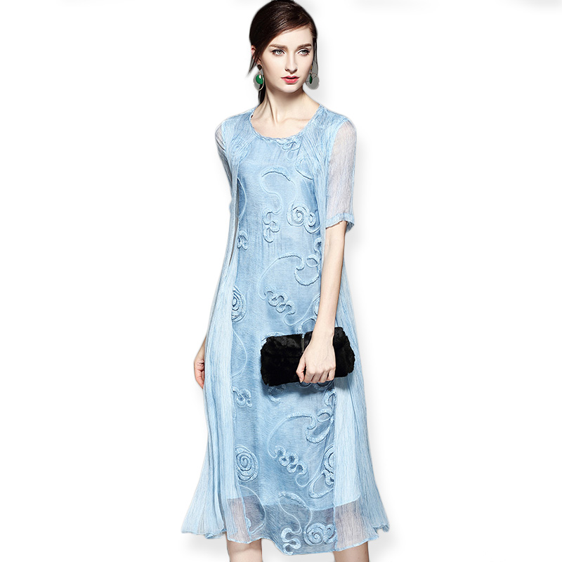 丝朵之丽 真丝立体绣花假两件连衣裙·蓝色