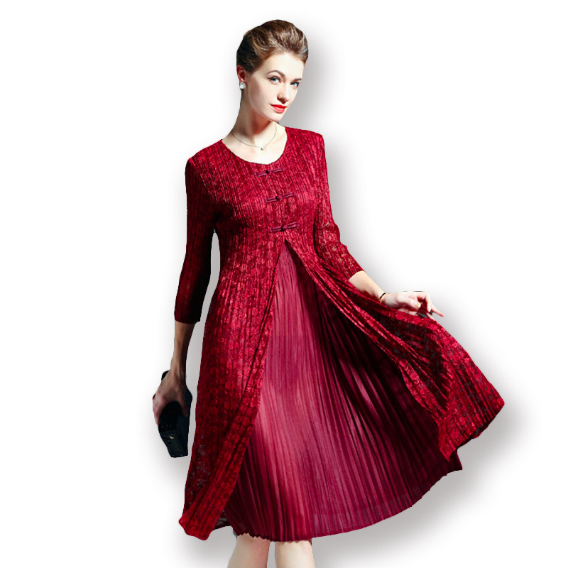 丝朵之丽 七分袖蕾丝假两件褶皱连衣裙·枣红色