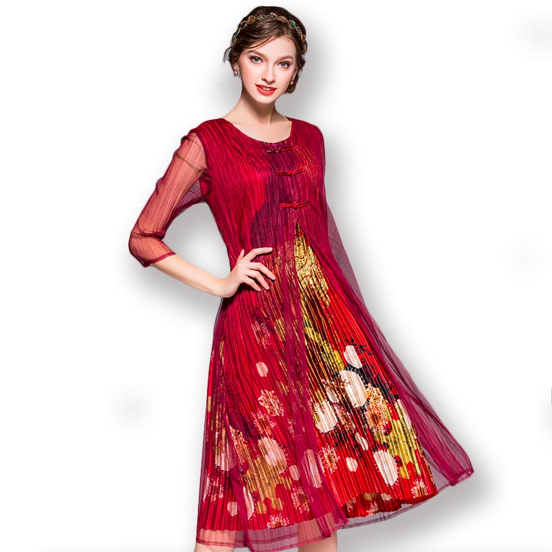 丝朵之丽 复古风假两件褶皱连衣裙·红色