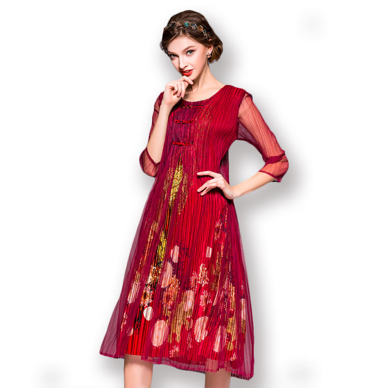 丝朵之丽 复古风假两件褶皱连衣裙·红色