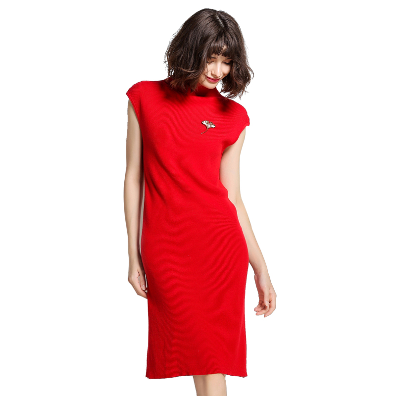 Mareunrols半高领无袖宽松针织连衣裙·红色