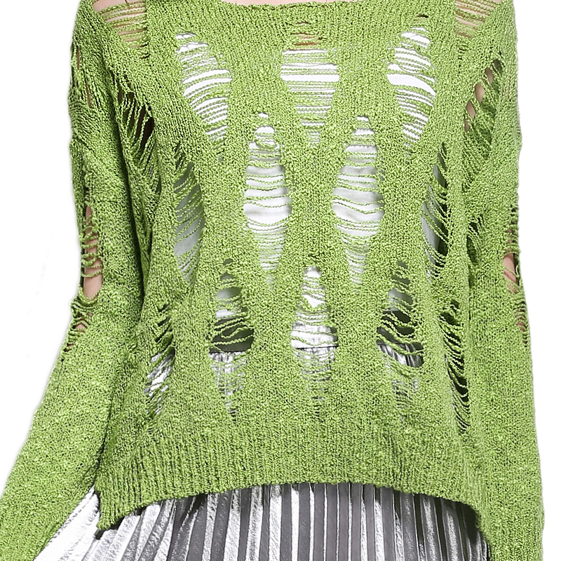 MAREUNROLS时尚女装镂空破洞宽松针织衫·绿色