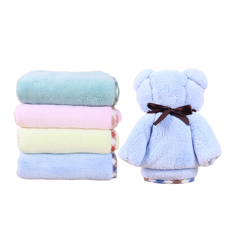 吉优百 珊瑚绒亲肤柔软小熊毛巾干发巾·5条装·浅蓝色