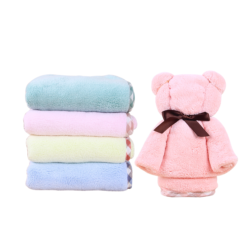 吉优百 珊瑚绒亲肤柔软小熊毛巾干发巾·5条装·浅粉色