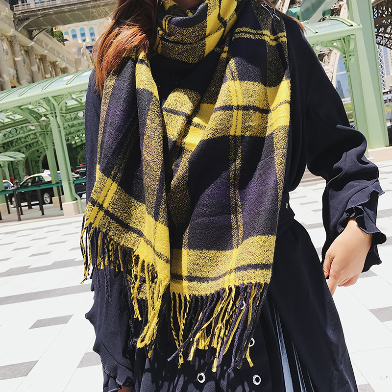 海谜璃（HMILY）英伦时尚秋冬季苏格兰格子围巾长款保暖披肩双面多色印花流苏围巾H9007·黄色