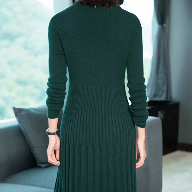 丁摩 羊毛收腰百褶半高领长袖裙7819·绿色