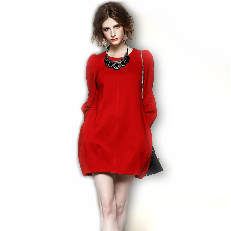 丁摩 茧型包臀灯笼袖连衣裙0816·红色