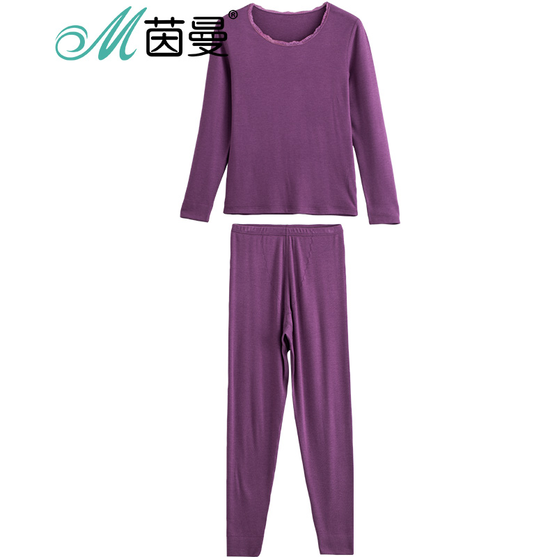 茵曼内衣 蕾丝加厚舒绒圆领睡衣薄款保暖套装女 9874486394·紫色