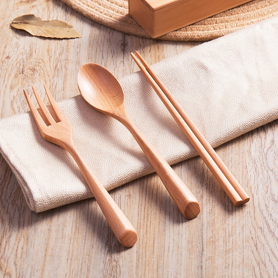 宝优妮便携筷子勺子套装家用木制餐具三件套·9122-3
