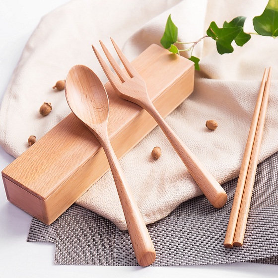 宝优妮便携筷子勺子套装家用木制餐具三件套·9122-3