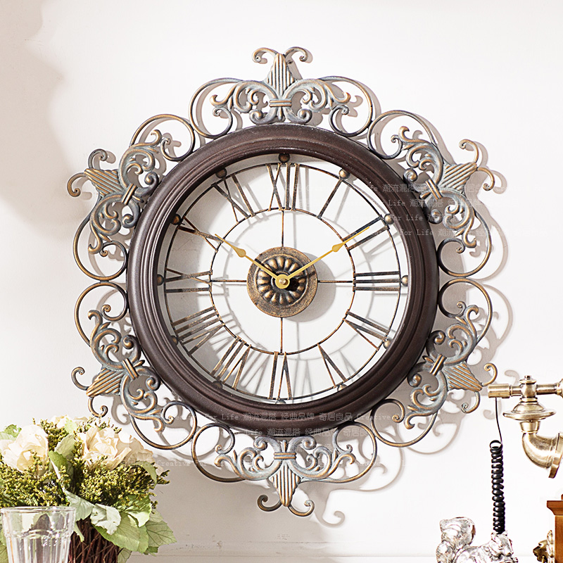 奇居良品欧美式客厅创意个性墙面装饰钟表洛可可铁艺雕花挂钟·白色