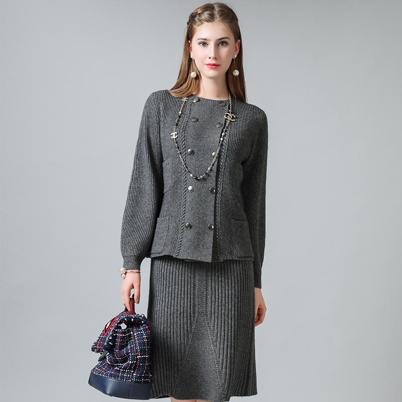 尚浓秋冬双排扣宽松圆领羊绒套装开衫外套+半身裙·灰色