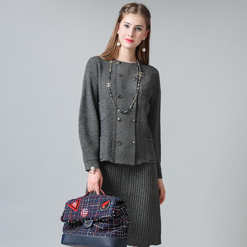 尚浓秋冬双排扣宽松圆领羊绒套装开衫外套+半身裙·灰色