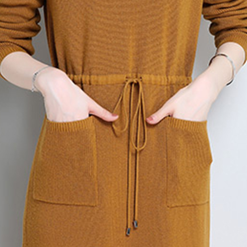 皮尔卡丹羊毛衫女套头圆领纯色长袖针织衫长款收腰系带女装毛衣宽松打底衫·浅棕
