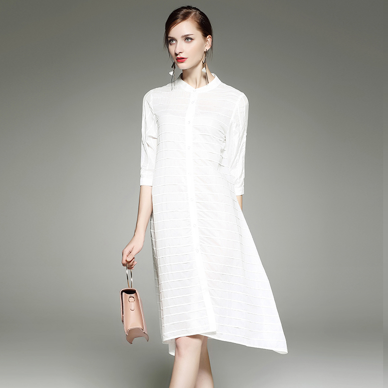SSYAOGE 纯色宽松舒适褶皱A字连衣裙ZYY01·白色