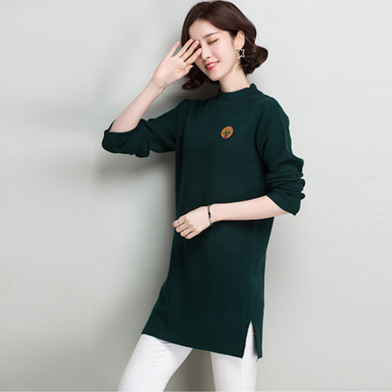 多多的世界 长袖修身纯色半高领韩版毛衣裙DD8060·墨绿色