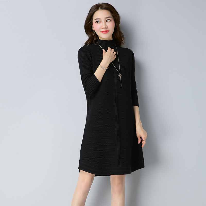 多多的世界 套头韩版宽松中长款针织衫时尚连衣裙DD1811·黑色
