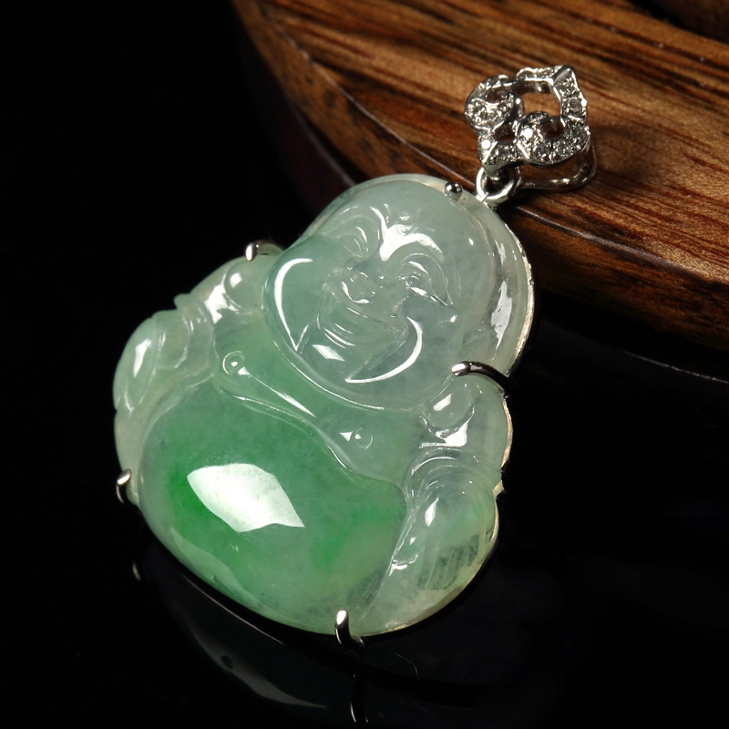 曼丽翠 天然a货翡翠冰糯种镶18k金如意头弥勒佛吊坠 飘阳绿 仅此一件
