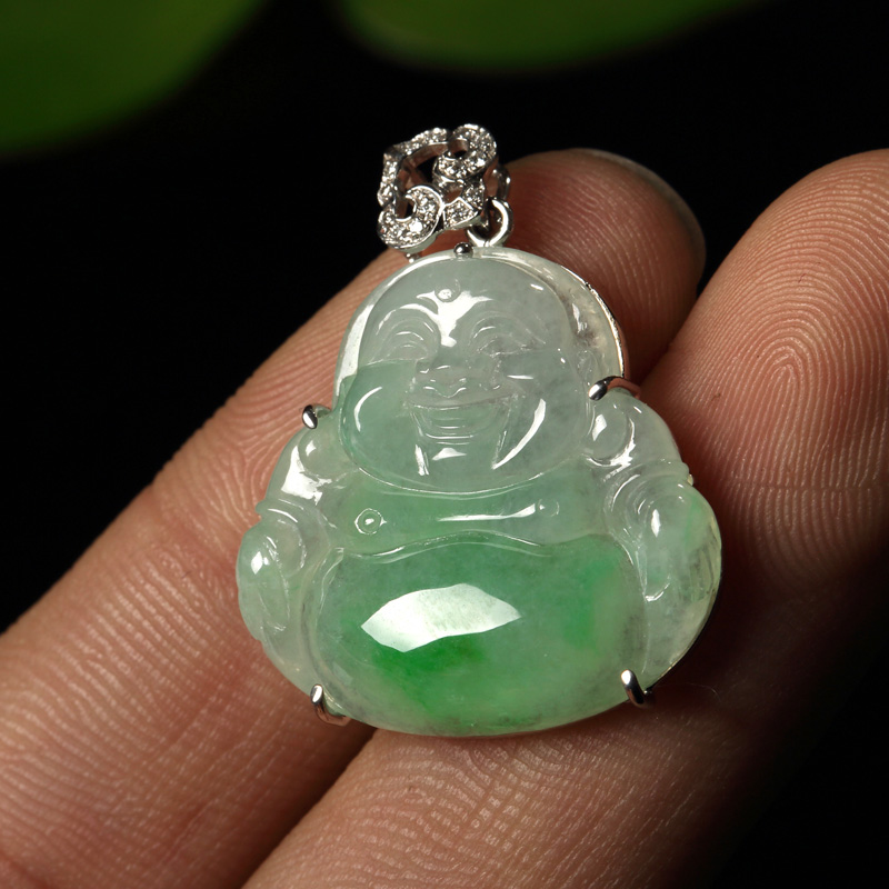 曼丽翠 天然a货翡翠冰糯种镶18k金如意头弥勒佛吊坠 飘阳绿 仅此一件