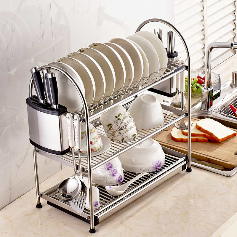 [jm] 三层304不锈钢沥水碗碟置物架(配刀筒 钩子2入)