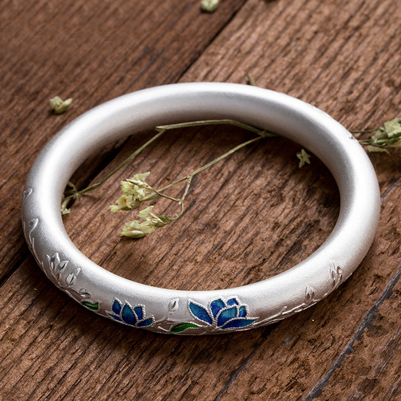 老冯记足银原创幽香若兰手镯景泰蓝工艺新款