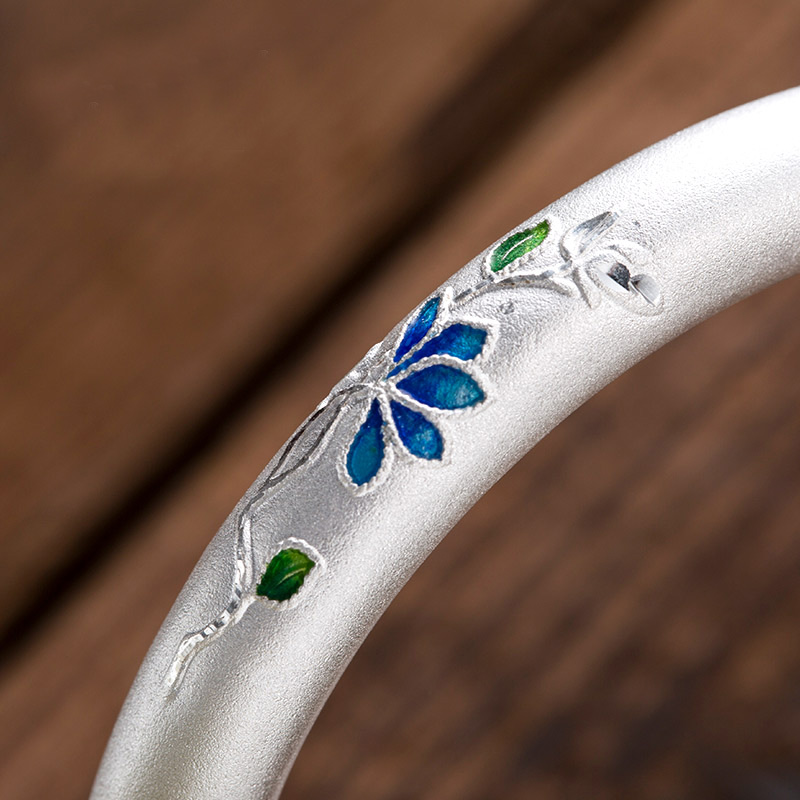 老冯记足银原创幽香若兰手镯景泰蓝工艺新款