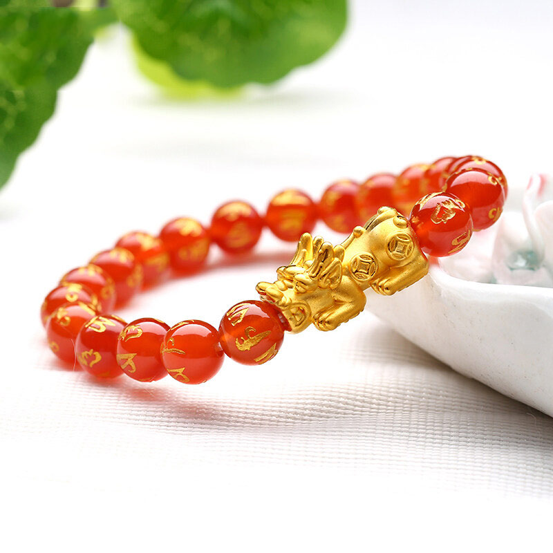 [tv商品]金一3d硬金足金六字真言貔貅红玛瑙手链